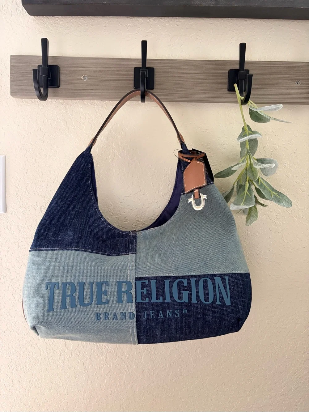 True Religion Denim Patchwork Hobo Shoulder Bag Horseshoe Charm